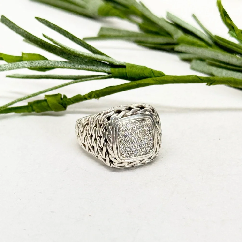 John Hardy Classic Chain Diamond Ring .925 Sterling Silver